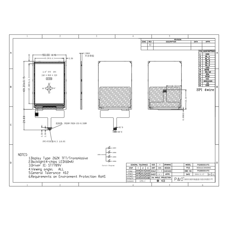 Pantalla LCD táctil de 40 pines Polcd 240x320, MCU FPC panel táctil TFT LCD de 2,8 pulgadas