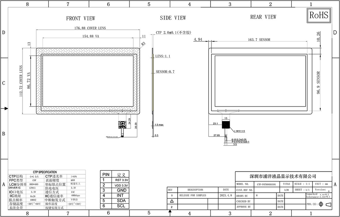 7 pulgadas de multi toque panel táctil capacitivo personalizado anti luz azul de vidrio Polcd a prueba de agua