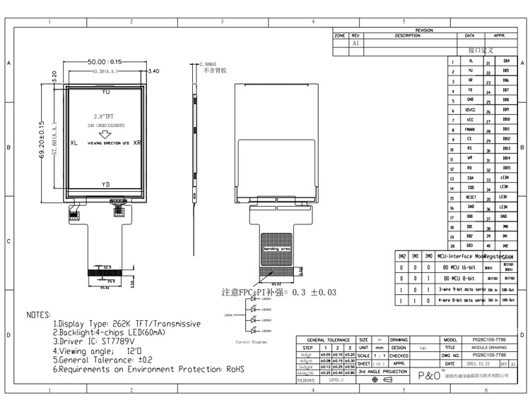Mcu 37 Pin 2.8 pulgadas pantalla táctil módulo de pantalla de LCD con toque de resistencia
