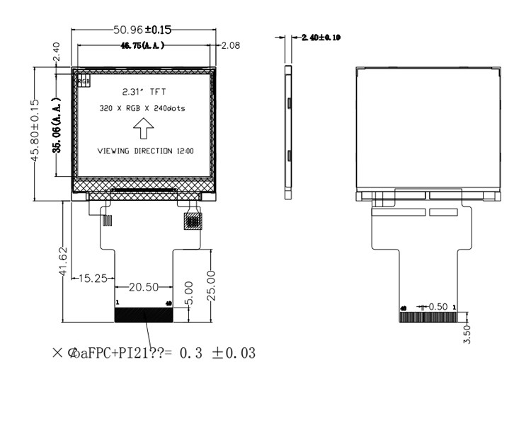 Polcd Negro 320*240 RGB TFT Display de 18 bits Alto brillo Panel LCD de 2,31 pulgadas