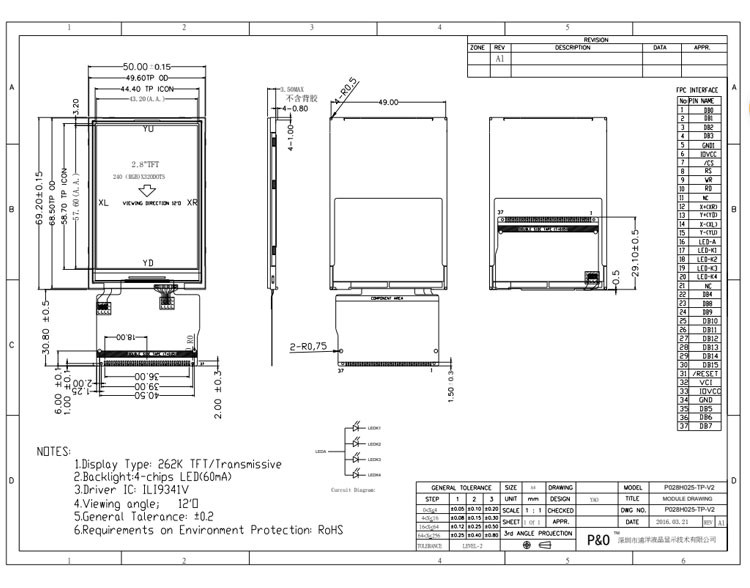 Polcd Panel IPS legible a la luz del sol con pantalla táctil TFT LCD con ángulo de visión completo de 2,8 pulgadas