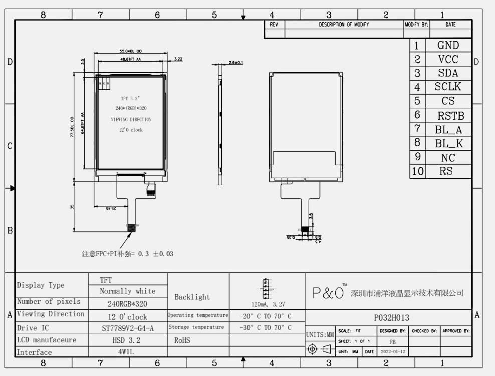 Polcd ST7789V 3.2 Pulgadas Tft Lcd Color 262K TFT LCD Display 48.6mm 12 0'CLOCK