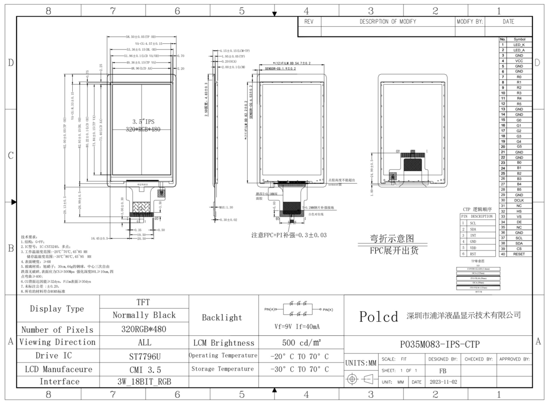 Polcd Personalizado 3.5 pulgadas Panel táctil capacitivo 320x480 500nit Interfaz RGB IPS Tft módulo de visualización LCD