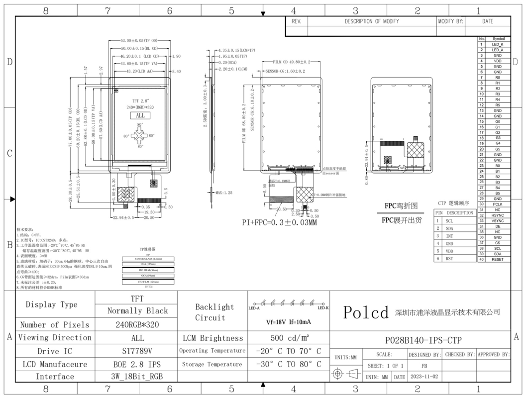 Polcd de alta luminancia 500nit 2,8 pulgadas pantalla LCD 240x320 IPS todos los ángulos de visión CTP capacitiva pantalla TFT táctil