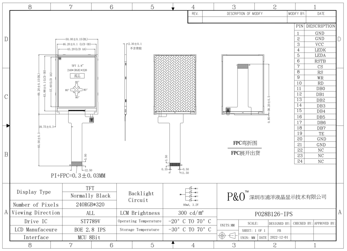 Polcd 2.8 pulgadas LCM Display IPS Pantalla de 240x320 Resolución MCU Interfaz de 8 bits 24 pin módulo TFT LCD