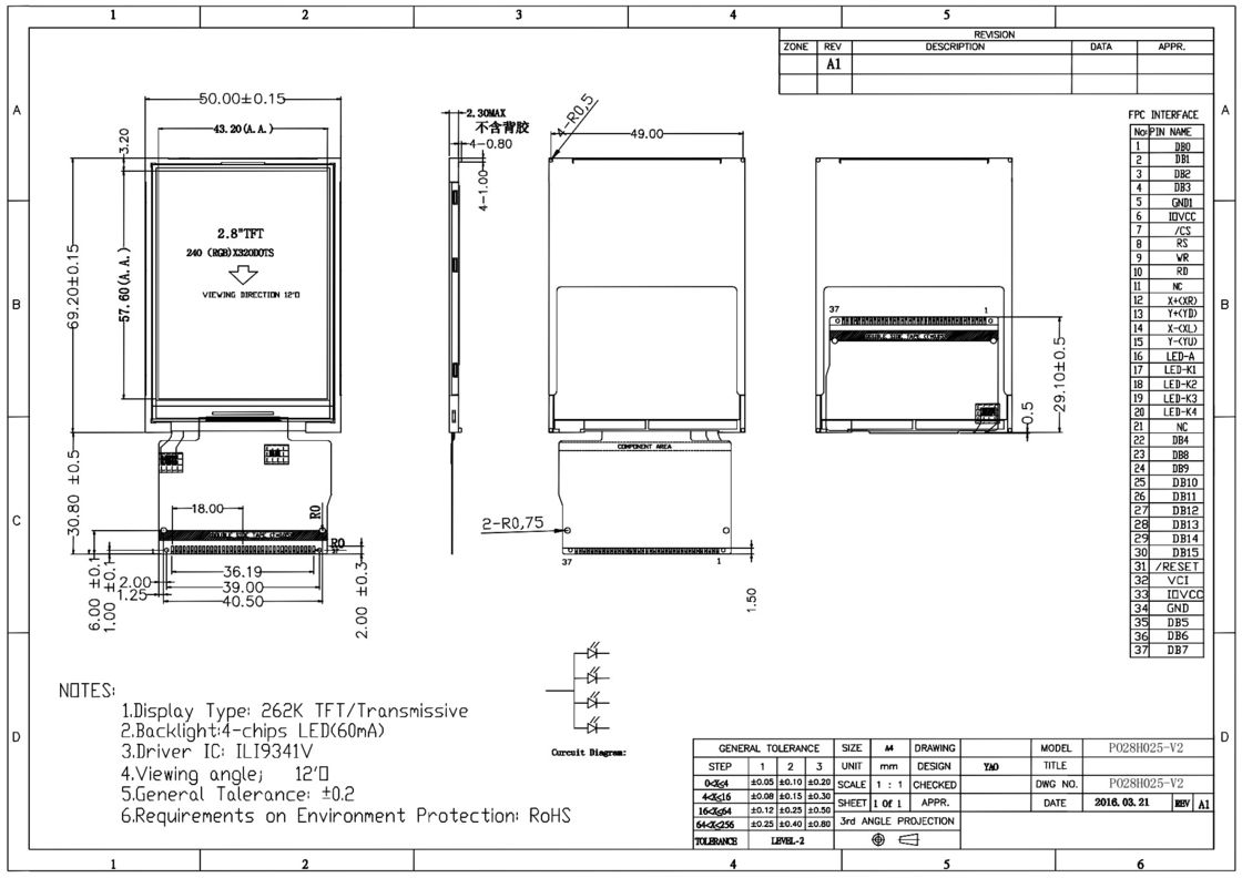 Polcd RoHS Pantalla TFT HD de 2,8 pulgadas 8080 MCU Pantalla Tft Lcd de 16 bits