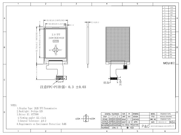 Polcd 262K 2.4Mm Pantalla Lcd de 2 pulgadas ST7789V IPS TFT LCD Display 240X320