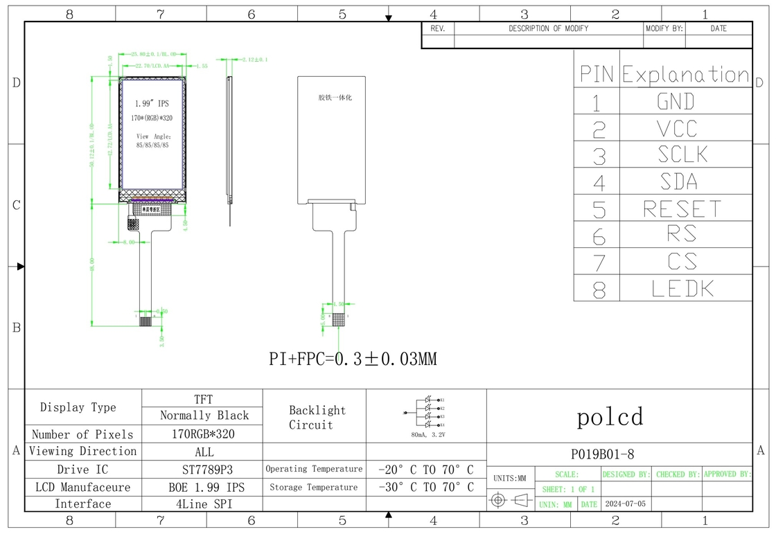 Polcd pequeño tamaño 1.9 pulgadas pantalla LCD 170*320 IPS TFT transmisión LCD Modulo pantalla