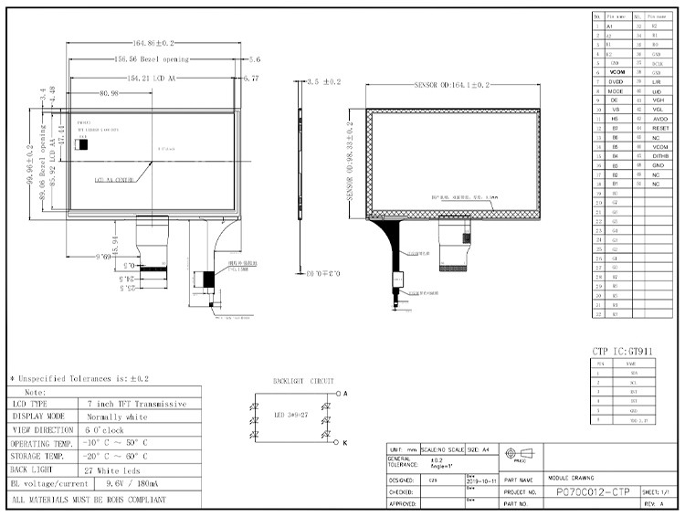 Polcd 7 pulgadas Modulo LCD de tamaño medio 800*480 Display TFT táctil capacitivo de alto brillo