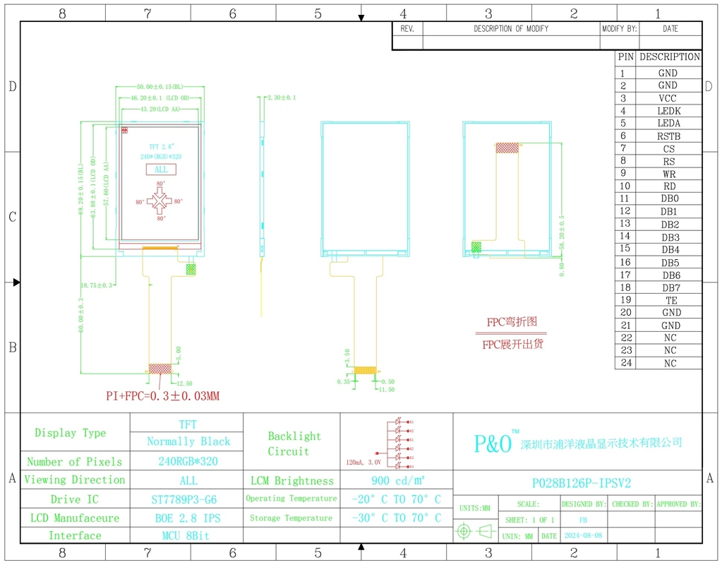 Polcd 2,8 pulgadas pantalla LCD 240x320 MCU Interfaz ángulo de visión ancha TFT módulo LCD transflectivo con ST7789P3-G6