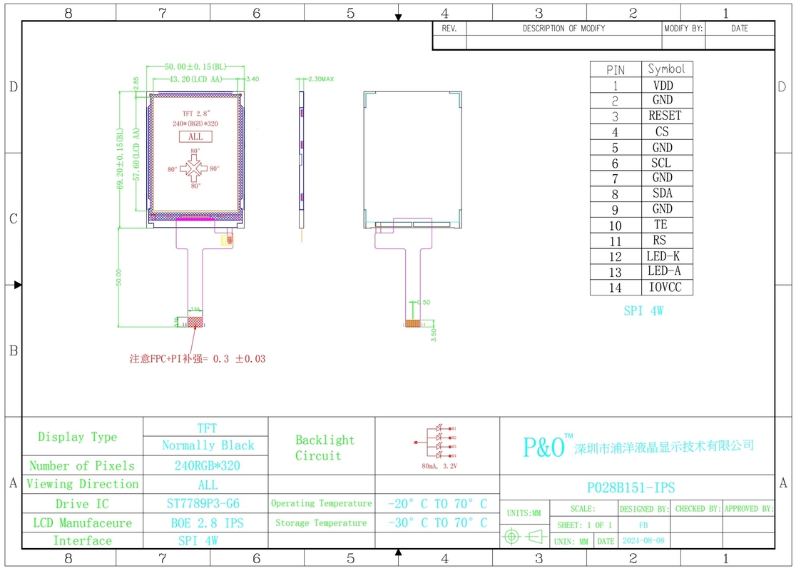 Polcd 2.8 pulgadas 240*320 Ips Tft Pantalla de LCD Spi Interfaz Todo el ángulo de visión libre Modulo de pantalla del panel