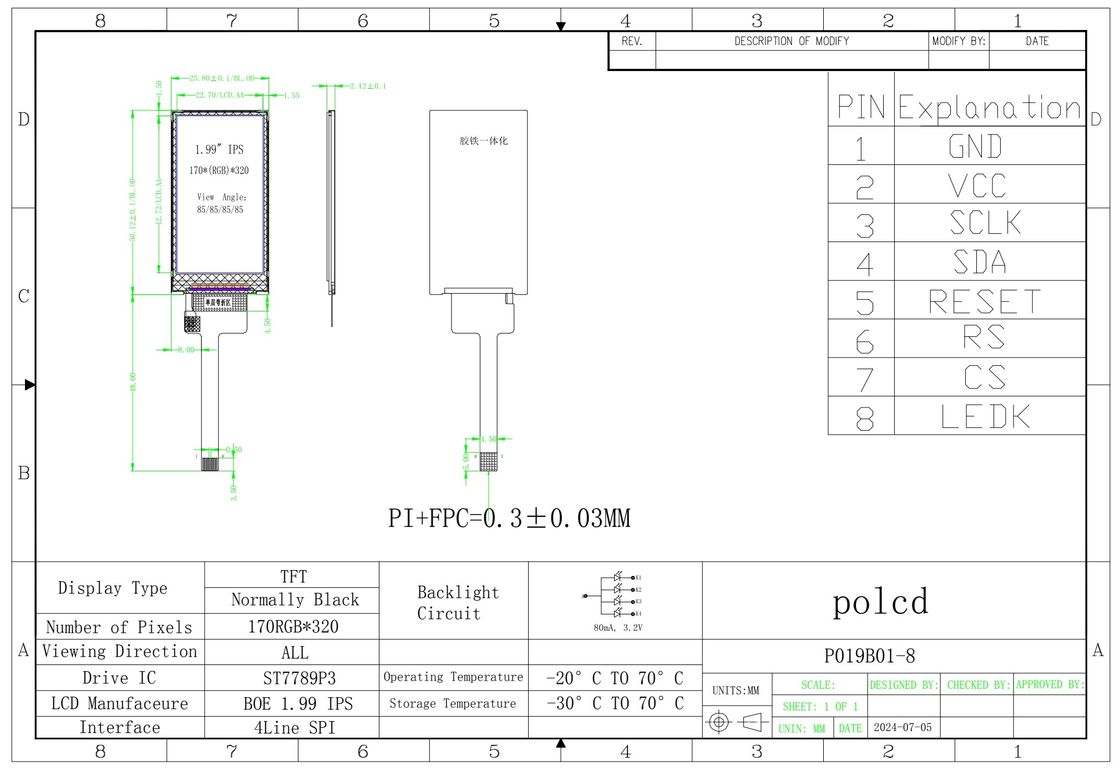 Polcd 1.9 pulgadas 170*320 ST7789P3-G6 SPI Bar TFT Modulo LCD Pantalla de 8 pines IPS Pantalla vertical LCM