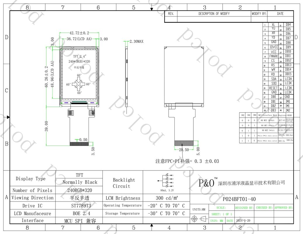 Polcd Display LCD a todo color Transflector de 2,4 pulgadas TFT SPI MCU 20 pin Qvga 240x320 TFT LCD