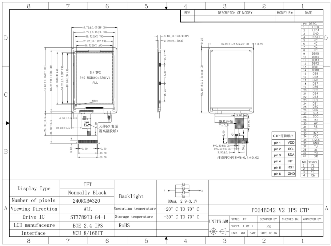Polcd ST7789V unidad ic 2.4 pulgadas pantalla LCD 240x320 TFT LCD color módulo de pantalla con TP