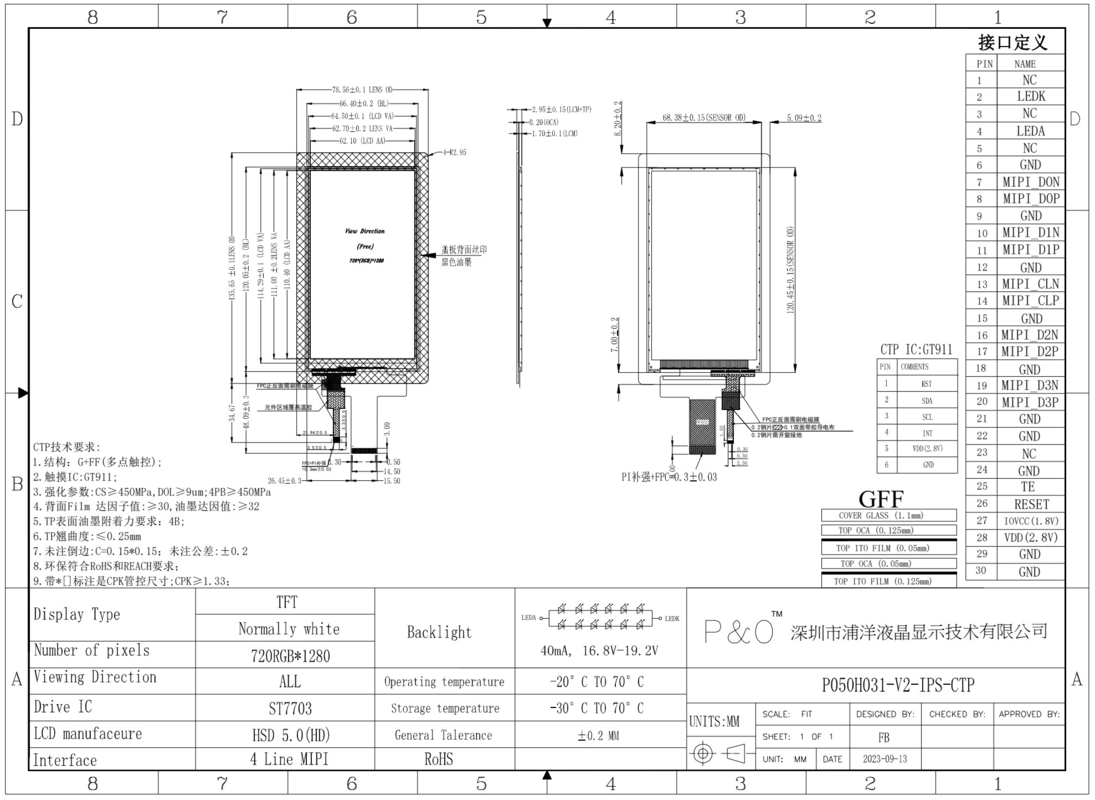 Polcd 5 pulgadas TFT LCD Modulo 720 * 1280 IPS Ángulo de visión Panel táctil capacitivo pantalla LCD