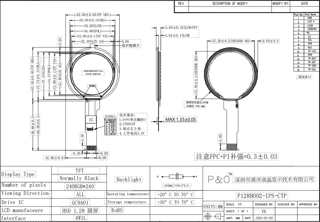 Polcd 1.28 pulgadas 1.28' Color redondo Circular TFT Display 240x240 LCD GC9A01 controlador módulo IPS LCD