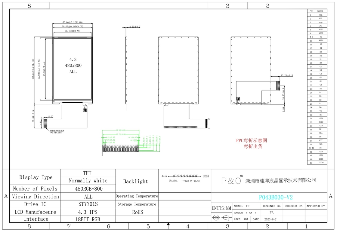 Polcd 480x800 4,3 pulgadas Pantalla LCD 400nit Luminancia 18 bits Interfaz RGB Tft Display
