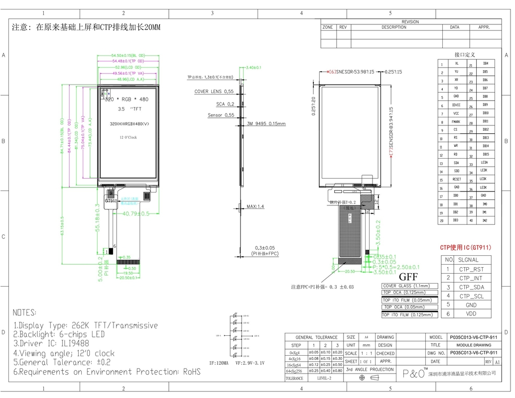 Polcd LCM de fábrica 3.5 pulgadas 320*480 Mcu Spi interfaz 300 nit TFT LCD módulo capacitivo panel táctil