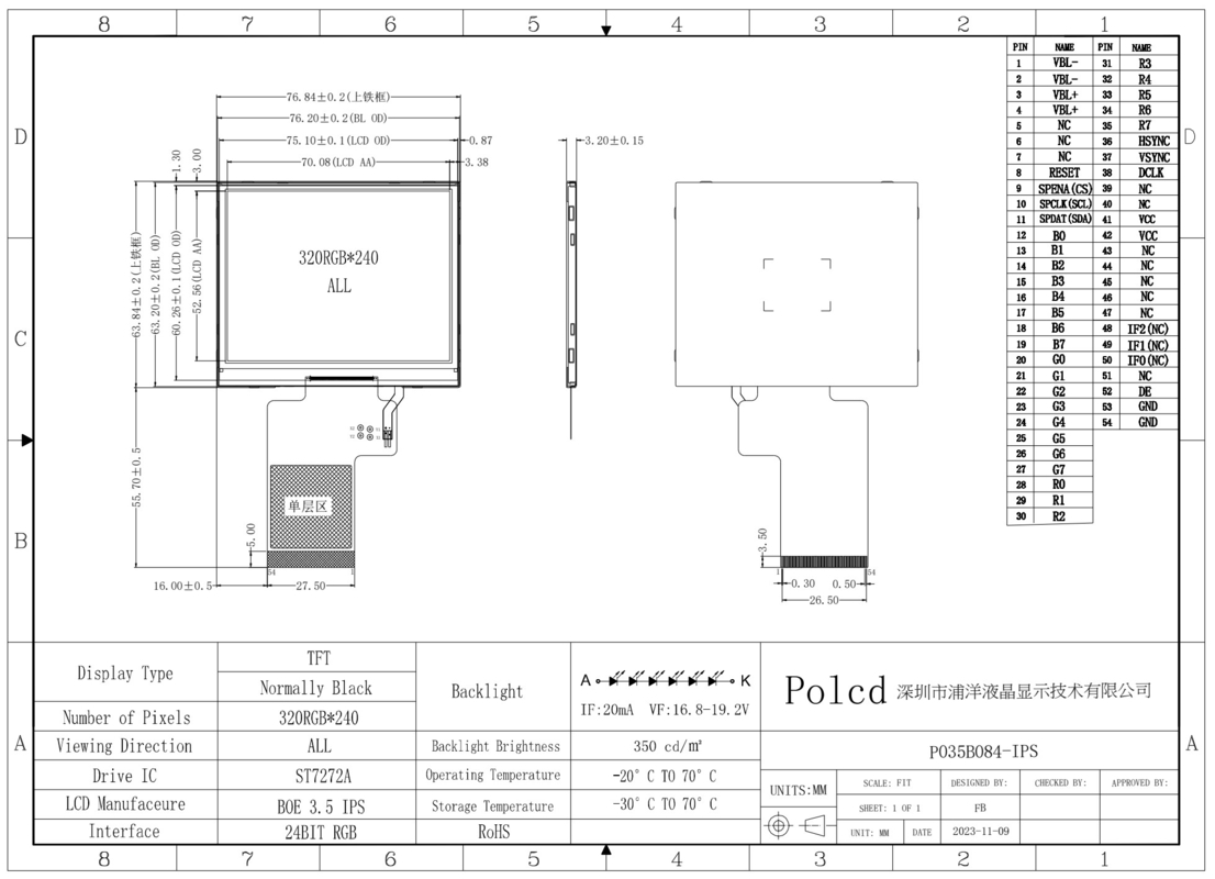 Polcd 3.5 pulgadas 320x240 Full Color TFT Display ST7272A Display ic IPS Ver Ángulo 54 pin LCD