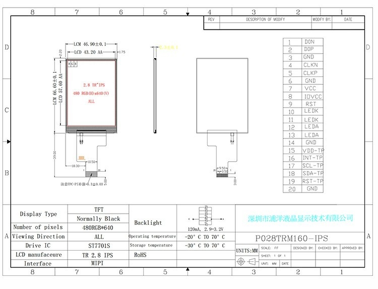 Polcd 2.8 pulgadas 480x640 Resolución IPS Vidrio LCM LCD Módulo MIPI Interfaz TFT