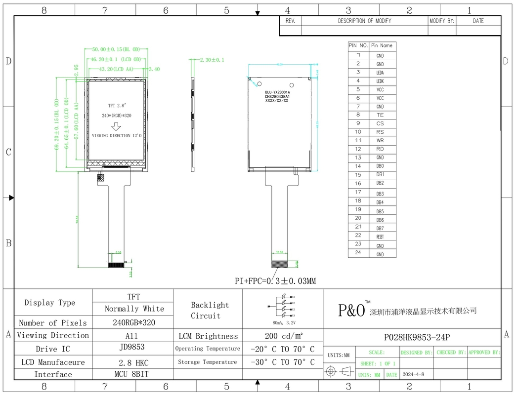 Polcd 2.8 pulgadas TFT Display 240x320 IPS Pantalla de alto contraste 1200: 1 Panel TFT Modulo LCD