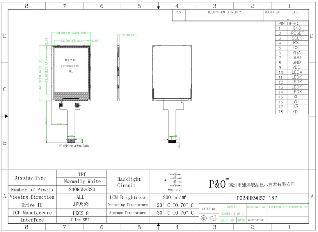 Polcd 2,8 pulgadas 240x320 IPS TFT Pantalla LCD SPI JD9853 IC Todo el ángulo de visión libre Panel de pantalla de módulo