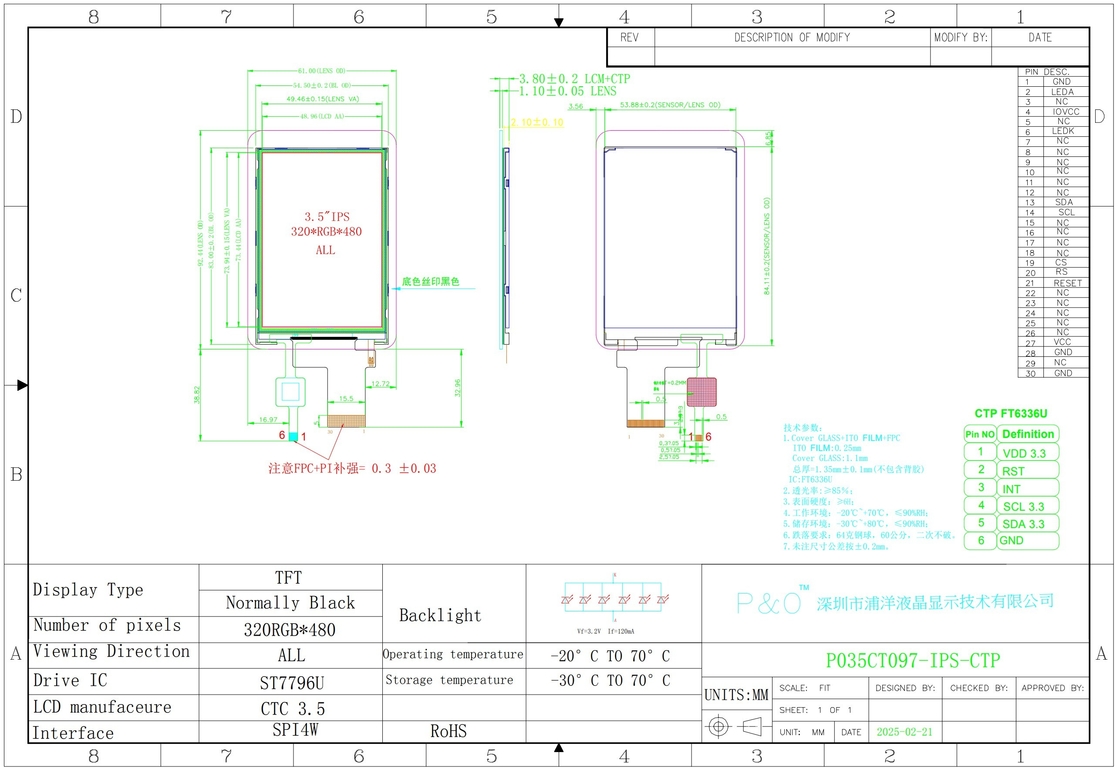 Polcd CTP 320x480 Resolución de 30 pines 3.5 pulgadas TFT LCD Modulo de pantalla táctil 330 nit TN Pantalla LCD de vidrio