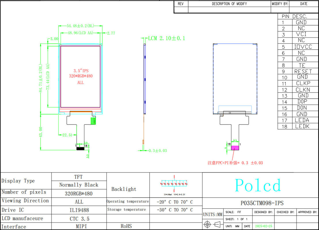 Polcd 3.5 pulgadas IPS TFT LCD 320*480 Ili9488 Display Ic 600:1 Modulos de pantalla LCD con relación de contraste