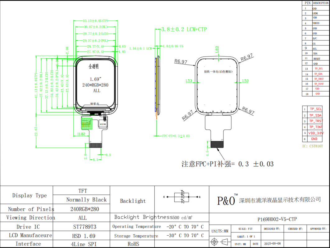 Polcd 1.69 pulgadas 240x280 TFT Modulo de visualización cuadrada pantalla táctil LCD para Smart Watch