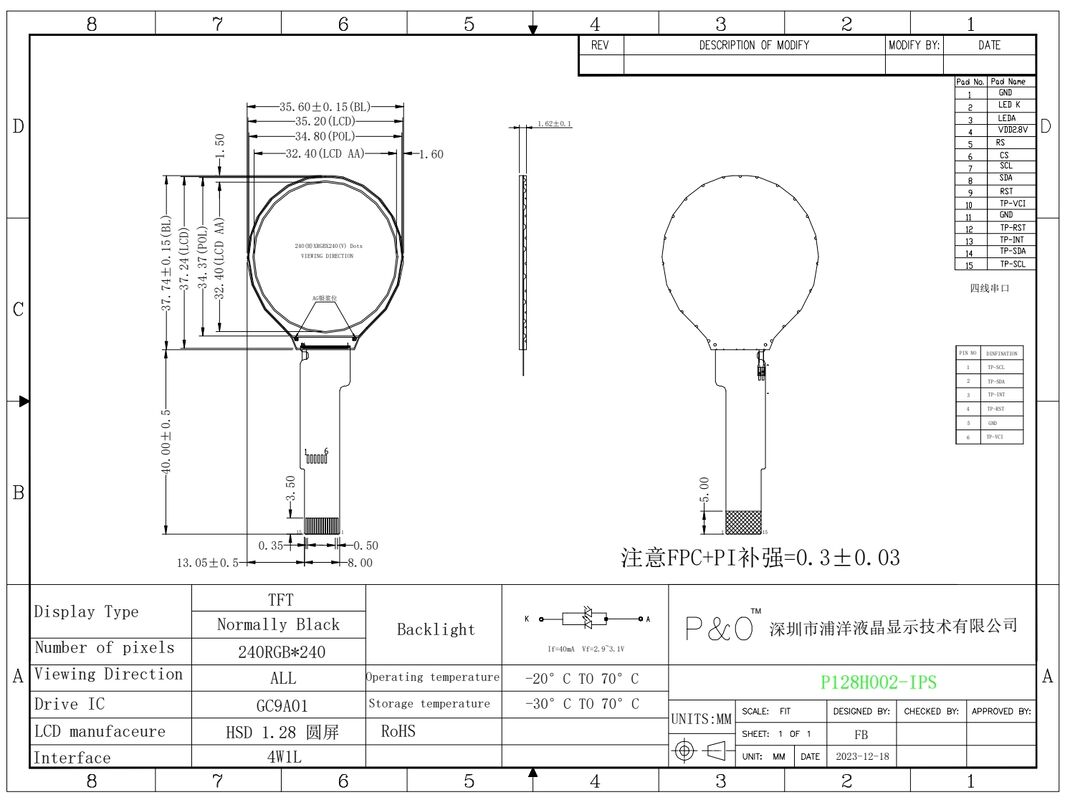 Polcd 1.28 pulgadas IPS Circular LCD Display 240xRGBx240 Resolución Modulo LCD TFT personalizado para relojes inteligentes