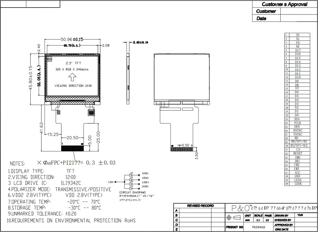 2,31 pulgadas 320x240 Lcd exhiben RGB 18 35.06m m mordidos
