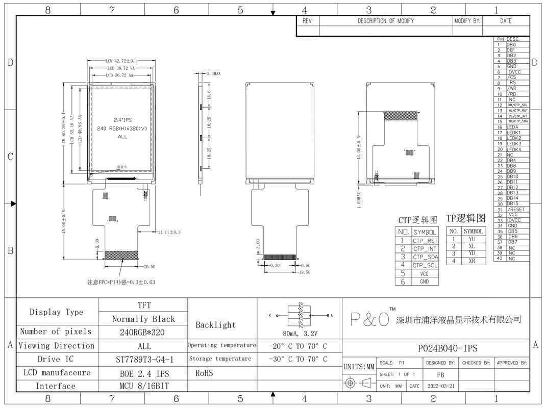 Polcd 2.4 pulgadas Interfaz MCU TFT controlador de pantalla IC ST7789V2 240x320 Resolución 2.4 pulgadas módulos TFT LCD