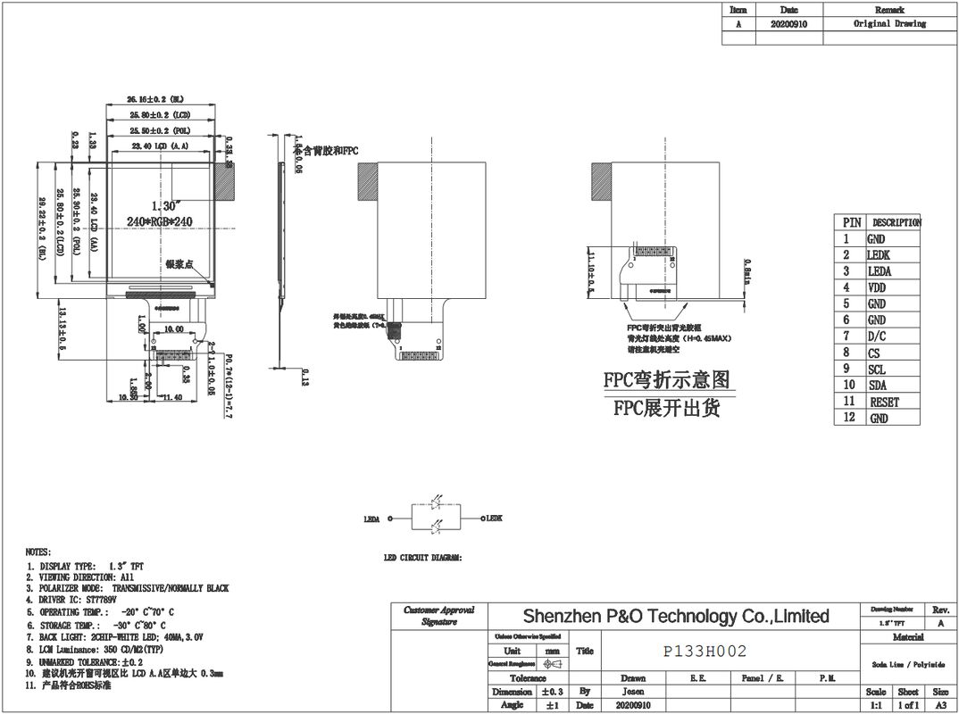Panel de pantalla LCD TFT IPS de 1,3 pulgadas con interfaz SPI y tamaño pequeño 240*240, fabricante de LCD cuadrado Polcd