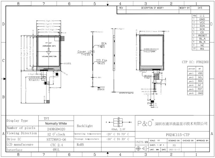 Polcd Qvga 240x320 Resolución de 2.4 pulgadas ST7789V3 Pantalla táctil CTP Módulo de visualización LCD TFT