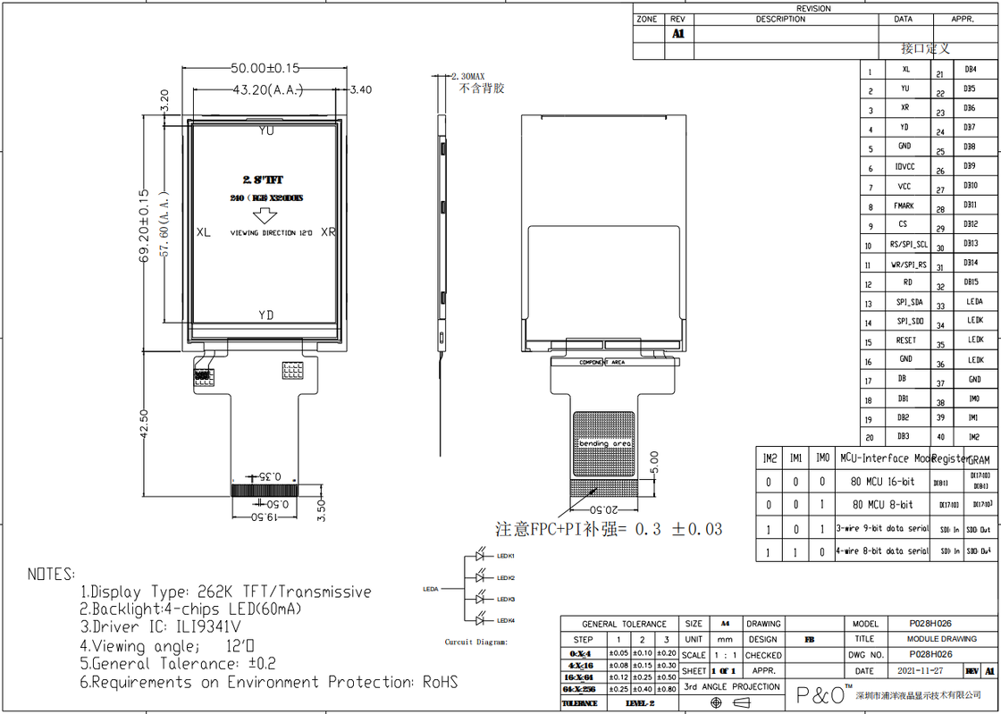 Polcd 2.8 pulgadas módulo TFT 240x320 Resolución Interfaz SPI MCU ILI9341v TFT Transmisor 2.8 