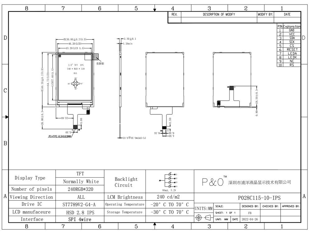Polcd 2,8 pulgadas pantalla IPS módulo LCM 240x320 SPI Interfaz ST7789V pantalla LCD TFT de alto brillo
