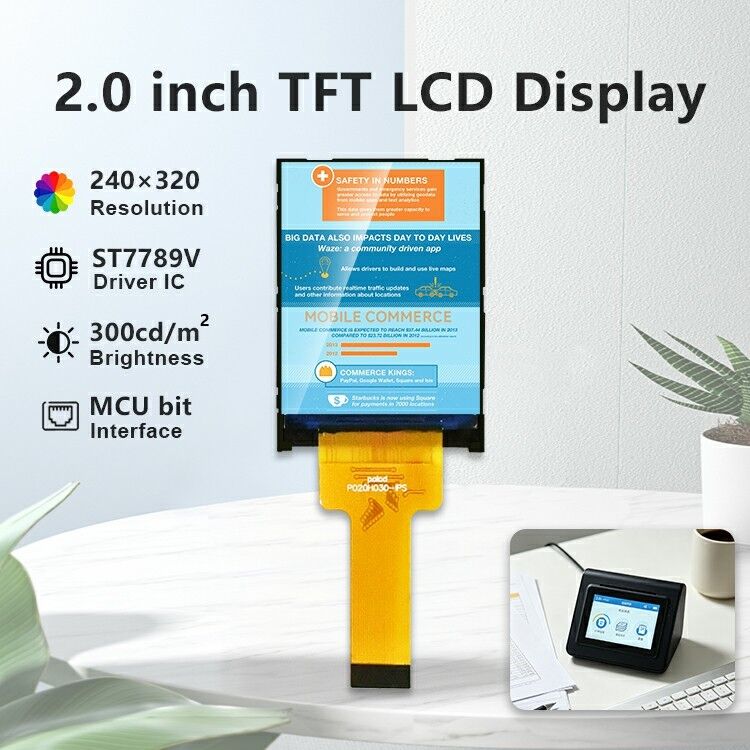 Polcd 2 inch TFT Module IPS Screen 240x320 MCU interface Transmissive ST7789V 300 nit 20 pin TFT LCD Display
