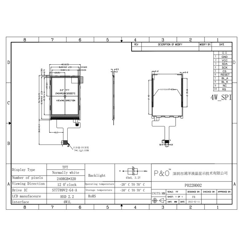 Polcd 240X320 Pantalla LCD de 2,2 pulgadas ST7789V Pequeño monitor Tft 300 Brillo
