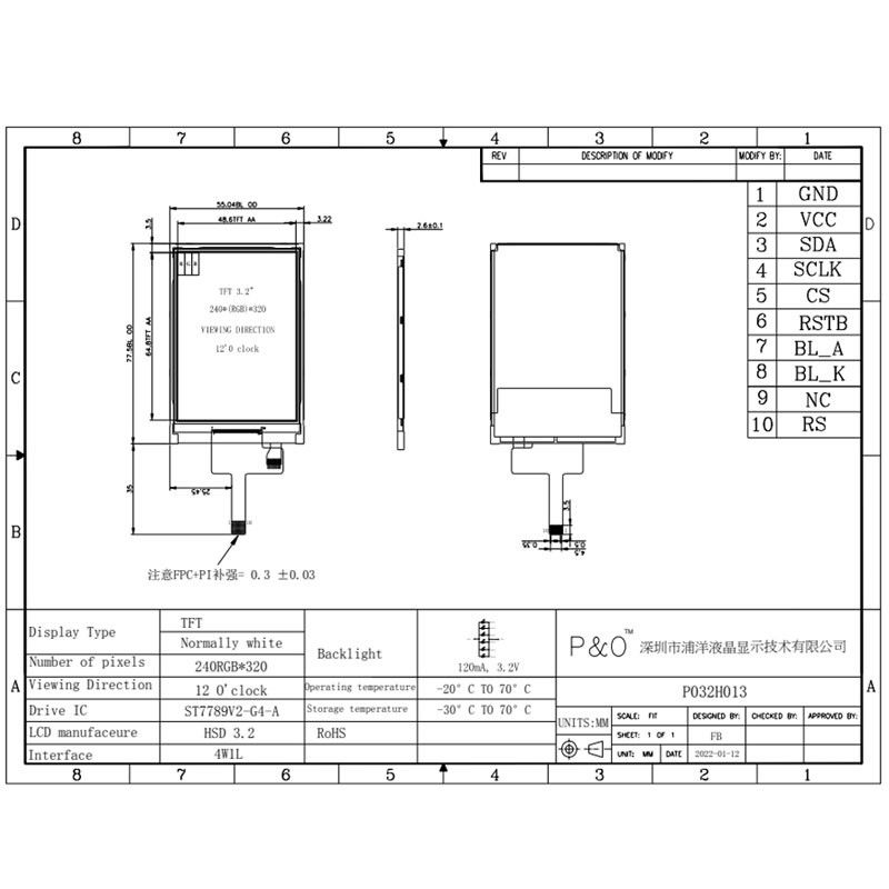 Polcd ST7789V 3,2 pulgadas 320x240 LCD táctil 4 líneas SPI Monitor LCD de alto brillo